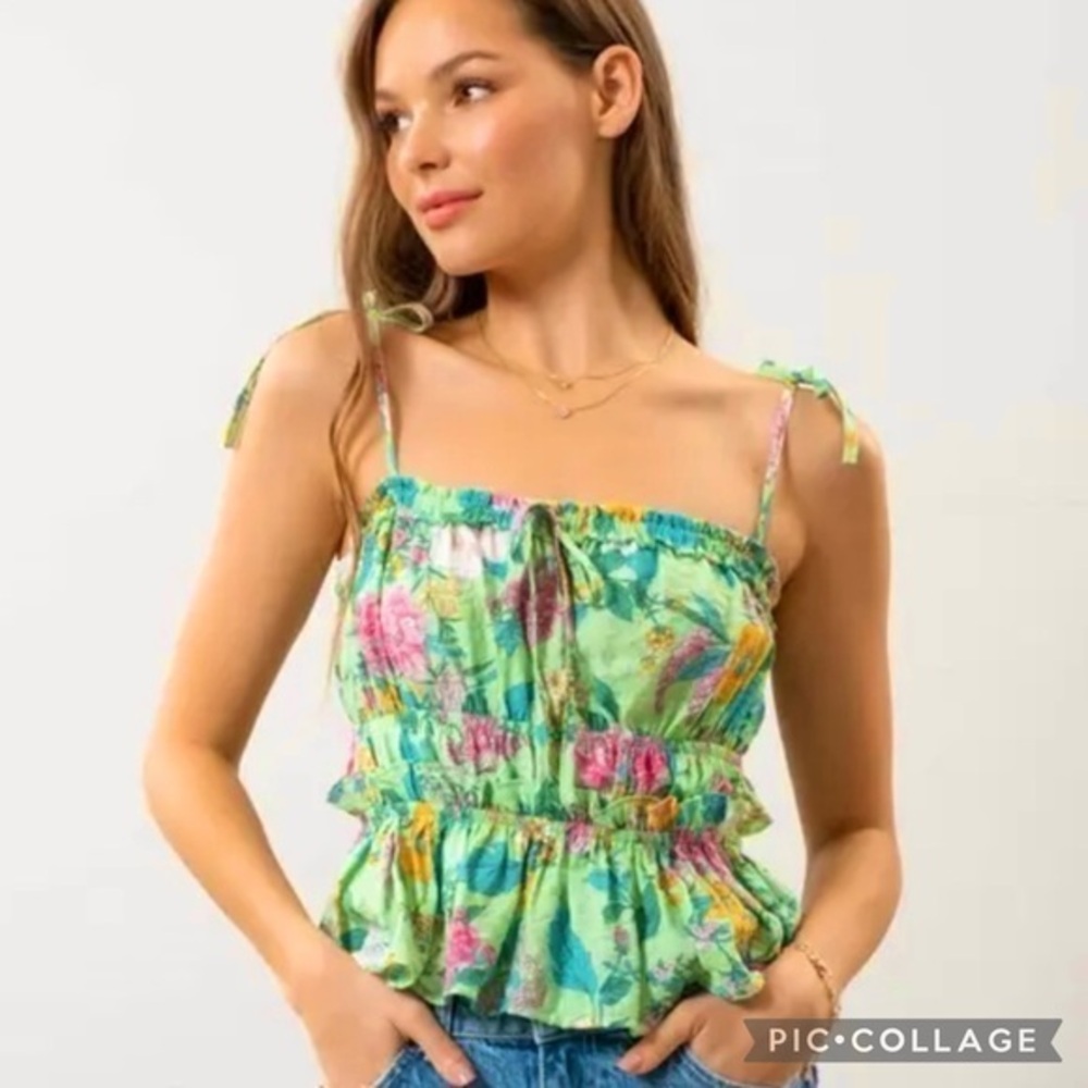 Mine Banana Mama Top Cropped Green Floral Tank NWT L (Jrs) Boho